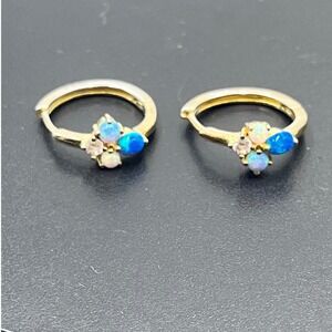 Vintage Sterling Gold Vermeil Round Oval Opal White Topaz Pierced Huggie Earring